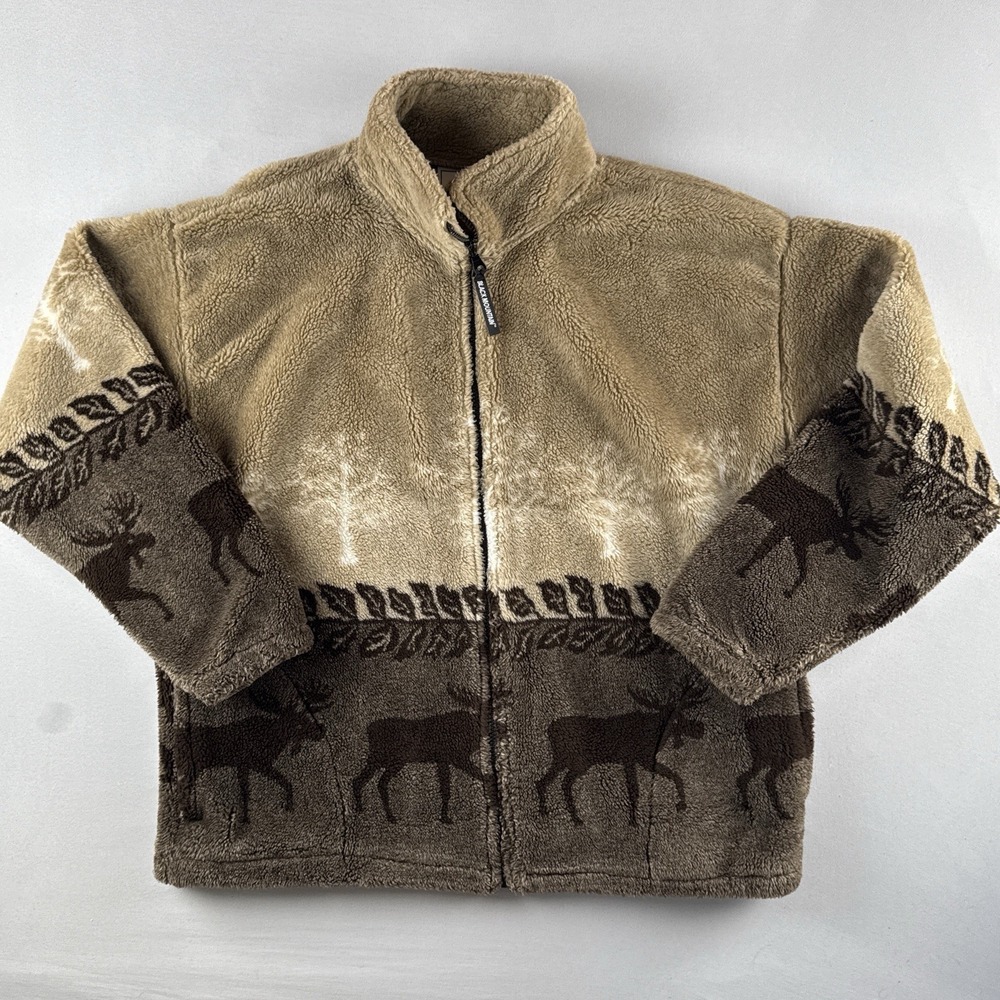 Vintage 90s Black Mountain Outdoor Nature Moose AOP Sherpa Fleece Jacket USA